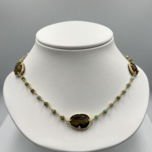 Collier Acier Inoxydable & Œil de Tigre & Émeraude - Rayons Dorés & Vert Éternel